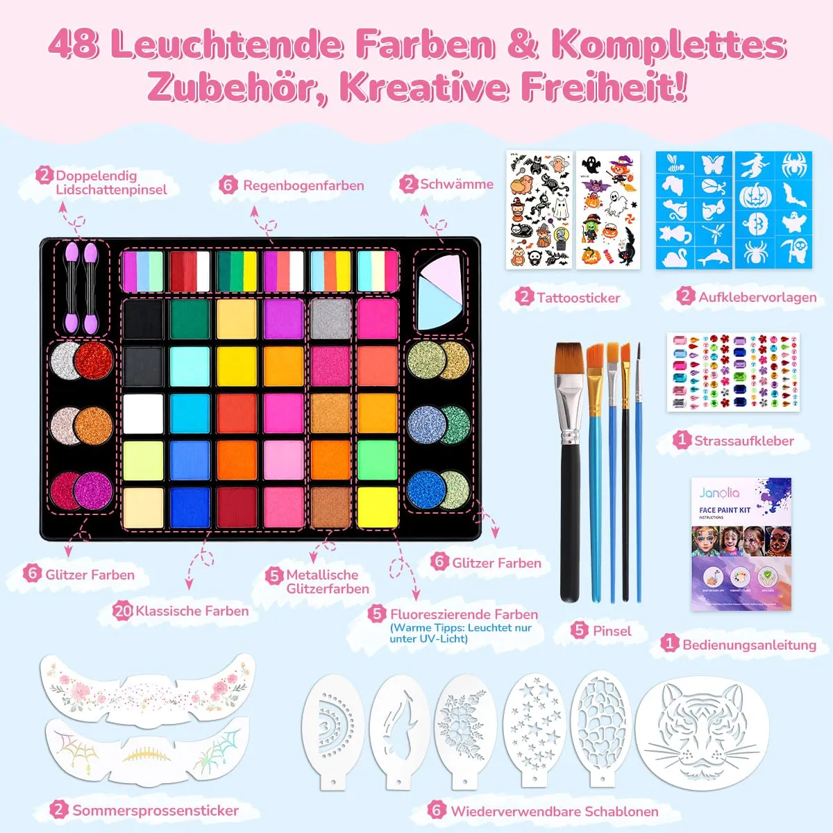 Janolia Kinderschminke Set Gesichtsfarben 48 Farben Wasserbasis