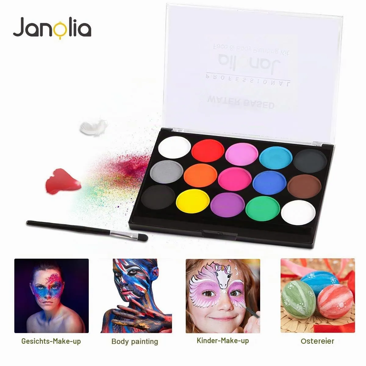 Janolia FB-03 Gesichtsfarbe Set 15 Farben waschbar Pinsel