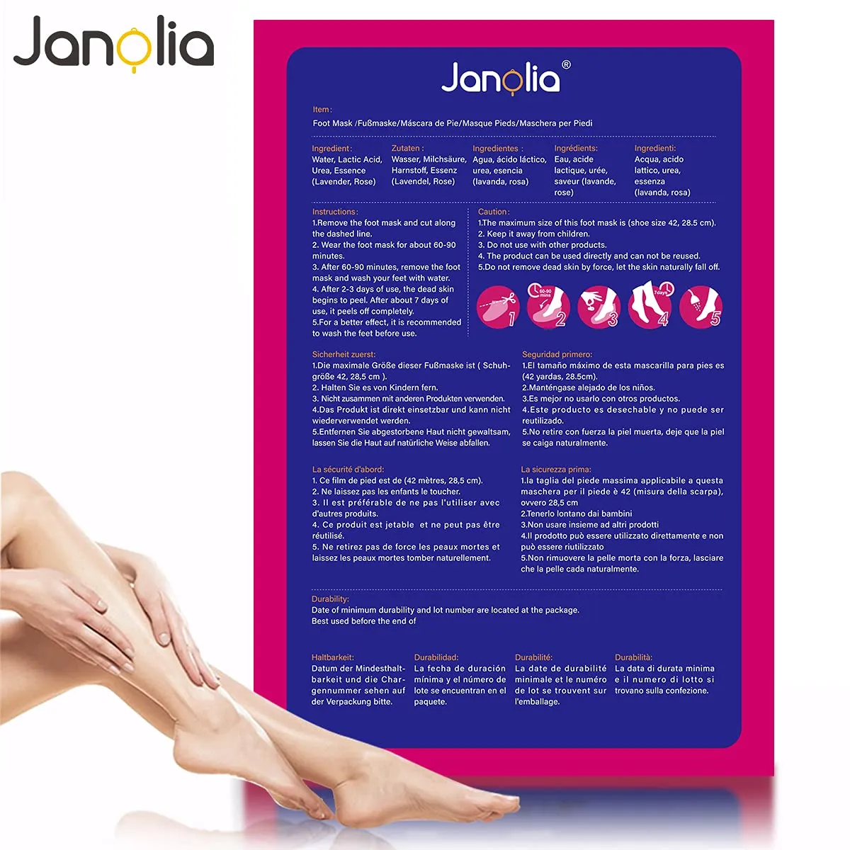 Janolia Fußmaske Peeling Socken 2 Paar Lavendel Rose