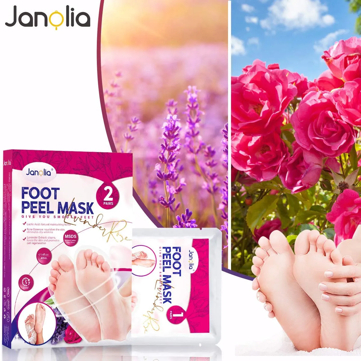 Janolia Fußmaske Peeling Socken 2 Paar Lavendel Rose