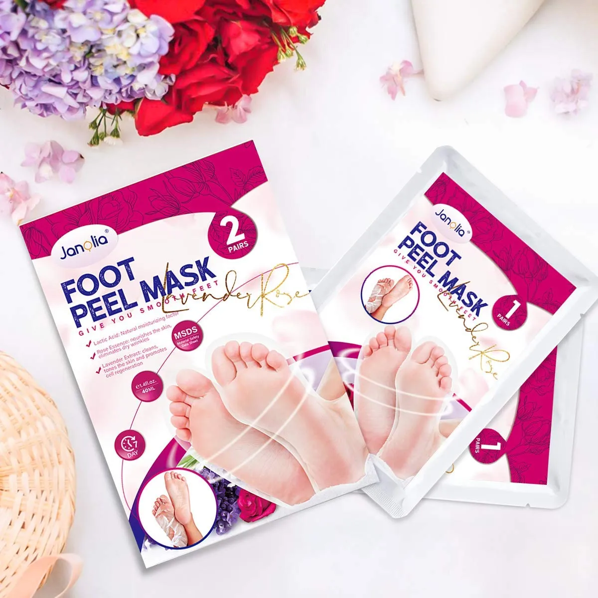 Janolia Fußmaske Peeling Socken 2 Paar Lavendel Rose
